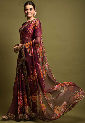 Digital Printed Chiffon Saree in Wine