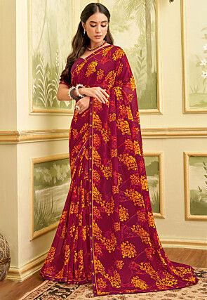 Digital Printed Georgette Saree in Wine