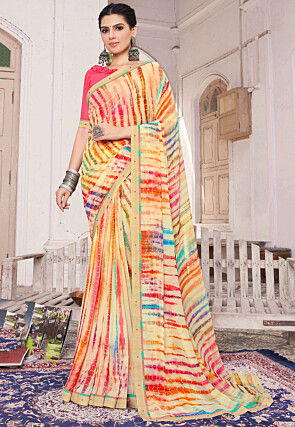 Digital Printed Georgette Saree in Yellow and Multicolor