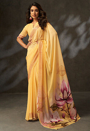 Digital Printed Georgette Saree in Yellow