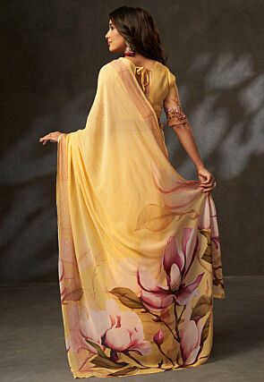 Digital Printed Georgette Saree in Yellow