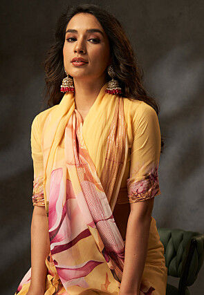 Digital Printed Georgette Saree in Yellow