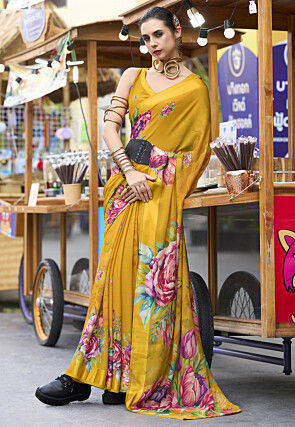 Digital Printed Georgette Saree in Yellow