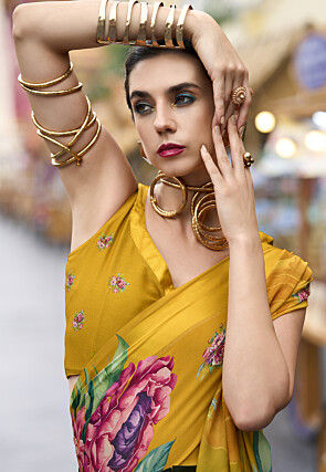 Digital Printed Georgette Saree in Yellow