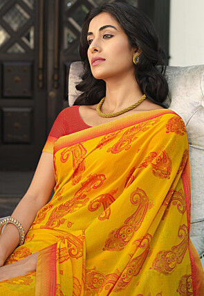 Digital Printed Georgette Saree in Yellow