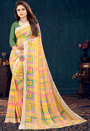 Digital Printed Georgette Saree in Yellow