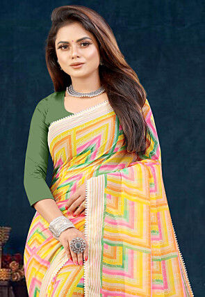 Digital Printed Georgette Saree in Yellow
