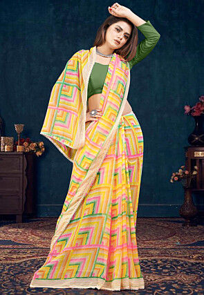 Digital Printed Georgette Saree in Yellow