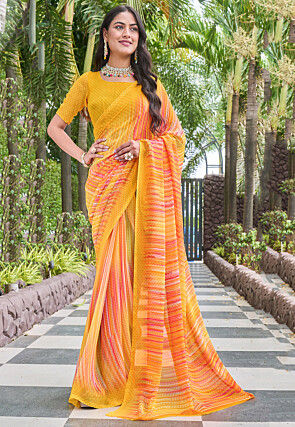Digital Printed Georgette Saree in Yellow