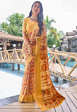 Digital Printed Georgette Saree in Yellow