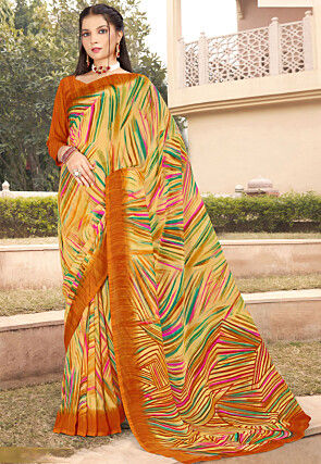 Digital Printed Georgette Saree in Yellow