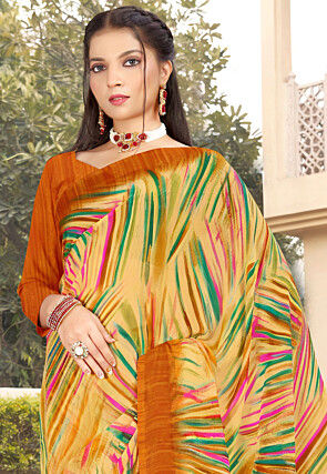 Digital Printed Georgette Saree in Yellow
