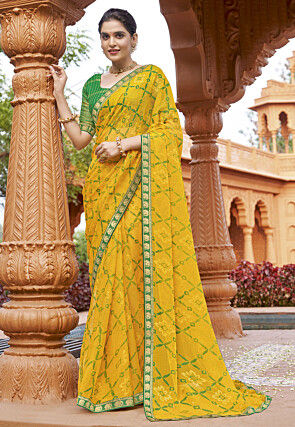 Digital Printed Georgette Saree in Yellow