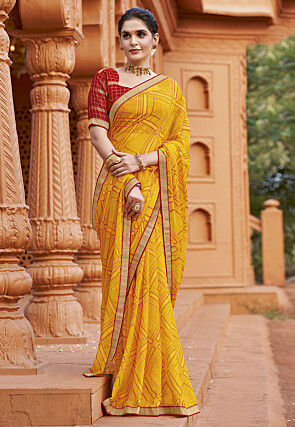 Digital Printed Georgette Saree in Yellow
