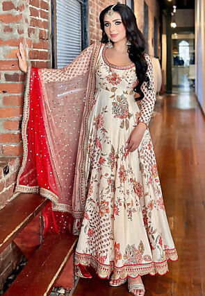 Digital Printed Georgette Scalloped Abaya Style Suit in Beige