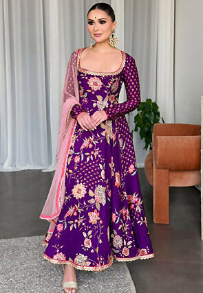 Digital Printed Georgette Scalloped Abaya Style Suit in Purple
