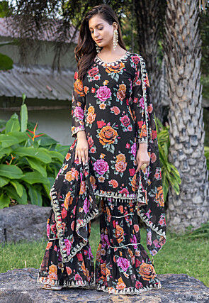 Digital Printed Georgette Scalloped Pakistani Suit in Black