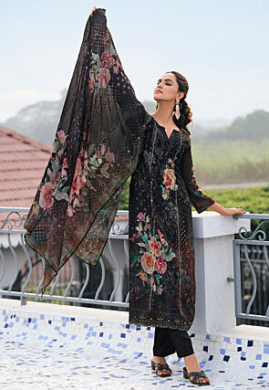 Digital Printed Georgette Scalloped Pakistani Suit in Black