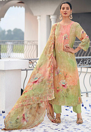 Digital Printed Georgette Scalloped Pakistani Suit in Light Green