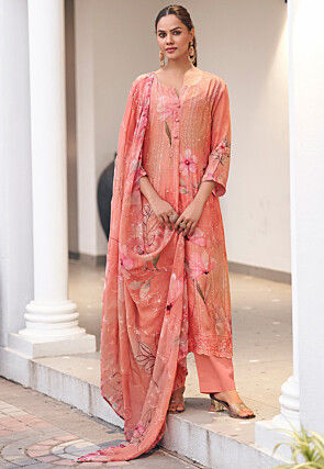 Digital Printed Georgette Scalloped Pakistani Suit in Peach