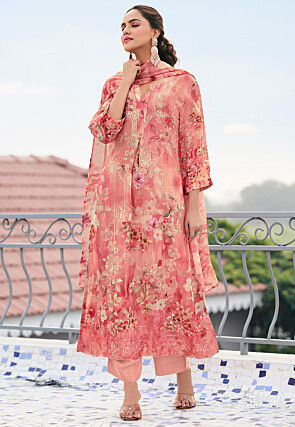Digital Printed Georgette Scalloped Pakistani Suit in Peach