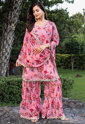 Digital Printed Georgette Scalloped Pakistani Suit in Pink