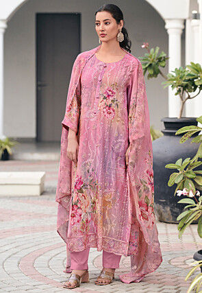 Digital Printed Georgette Scalloped Pakistani Suit in Pink