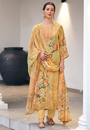 Digital Printed Georgette Scalloped Pakistani Suit in Yellow
