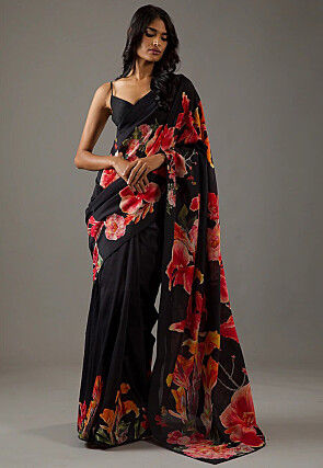 Digital Printed Georgette Scalloped Saree in Black