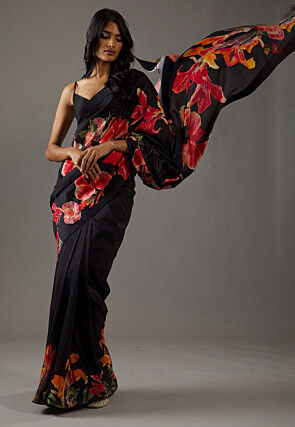 Digital Printed Georgette Scalloped Saree in Black