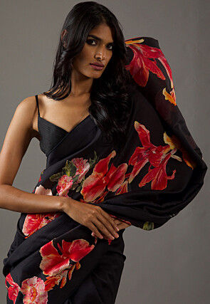 Digital Printed Georgette Scalloped Saree in Black