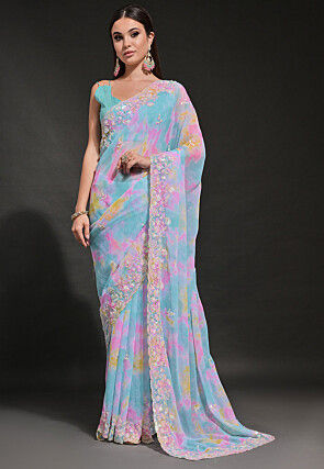 Digital Printed Georgette Scalloped Saree in Blue