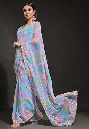 Digital Printed Georgette Scalloped Saree in Blue