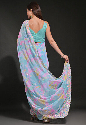 Digital Printed Georgette Scalloped Saree in Blue