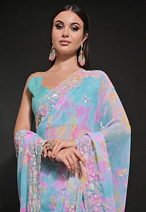 Digital Printed Georgette Scalloped Saree in Blue