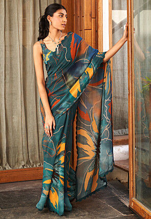 Digital Printed Georgette Scalloped Saree in Dark Teal Blue