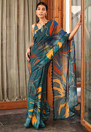 Digital Printed Georgette Scalloped Saree in Dark Teal Blue