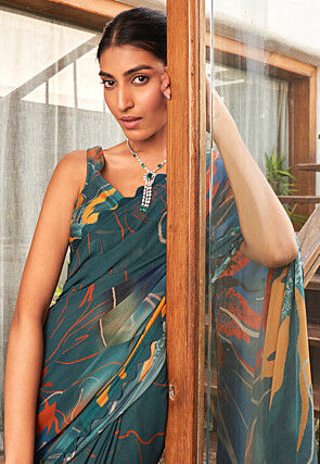 Digital Printed Georgette Scalloped Saree in Dark Teal Blue