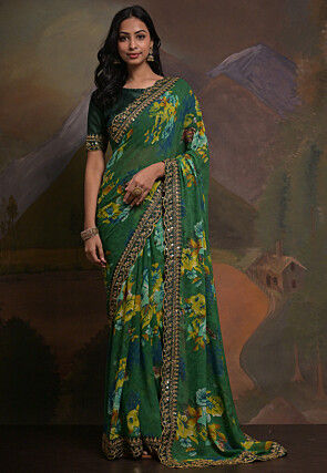 Digital Printed Georgette Scalloped Saree in Green