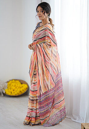 Digital Printed Georgette Scalloped Saree in Multicolor