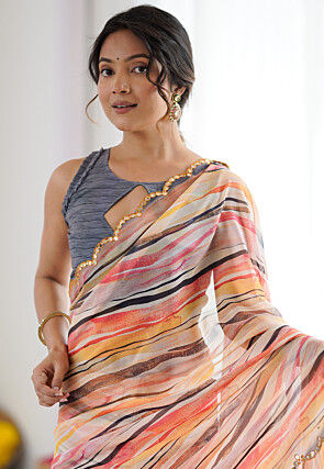 Digital Printed Georgette Scalloped Saree in Multicolor
