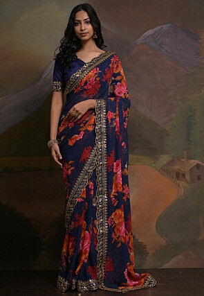 Digital Printed Georgette Scalloped Saree in Navy Blue
