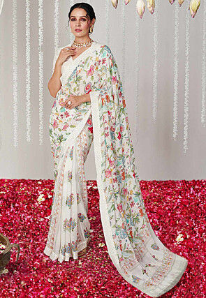 Digital Printed Georgette Scalloped Saree in Off White
