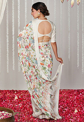Digital Printed Georgette Scalloped Saree in Off White