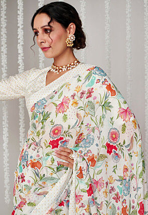 Digital Printed Georgette Scalloped Saree in Off White