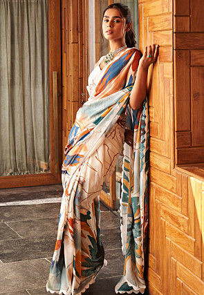 Digital Printed Georgette Scalloped Saree in Off White