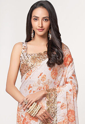 Digital Printed Georgette Scalloped Saree in Off White