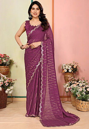 Digital Printed Georgette Scalloped Saree in Purple