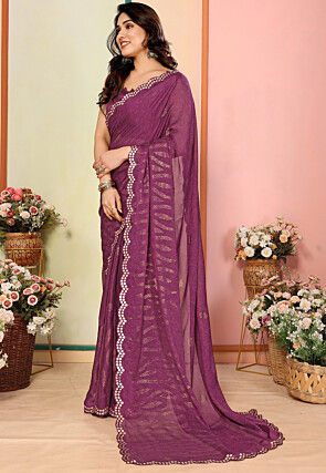 Digital Printed Georgette Scalloped Saree in Purple