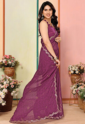 Digital Printed Georgette Scalloped Saree in Purple